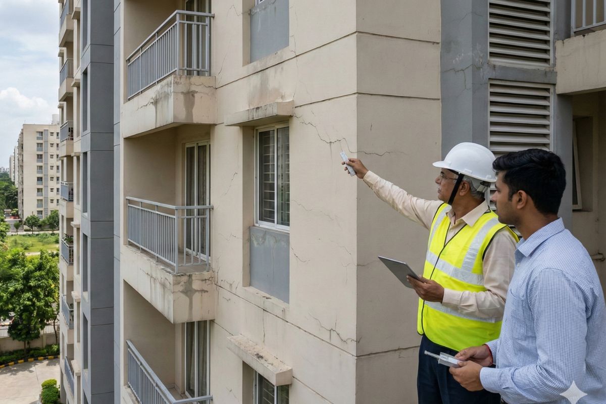 Engineer inspecting building crack
